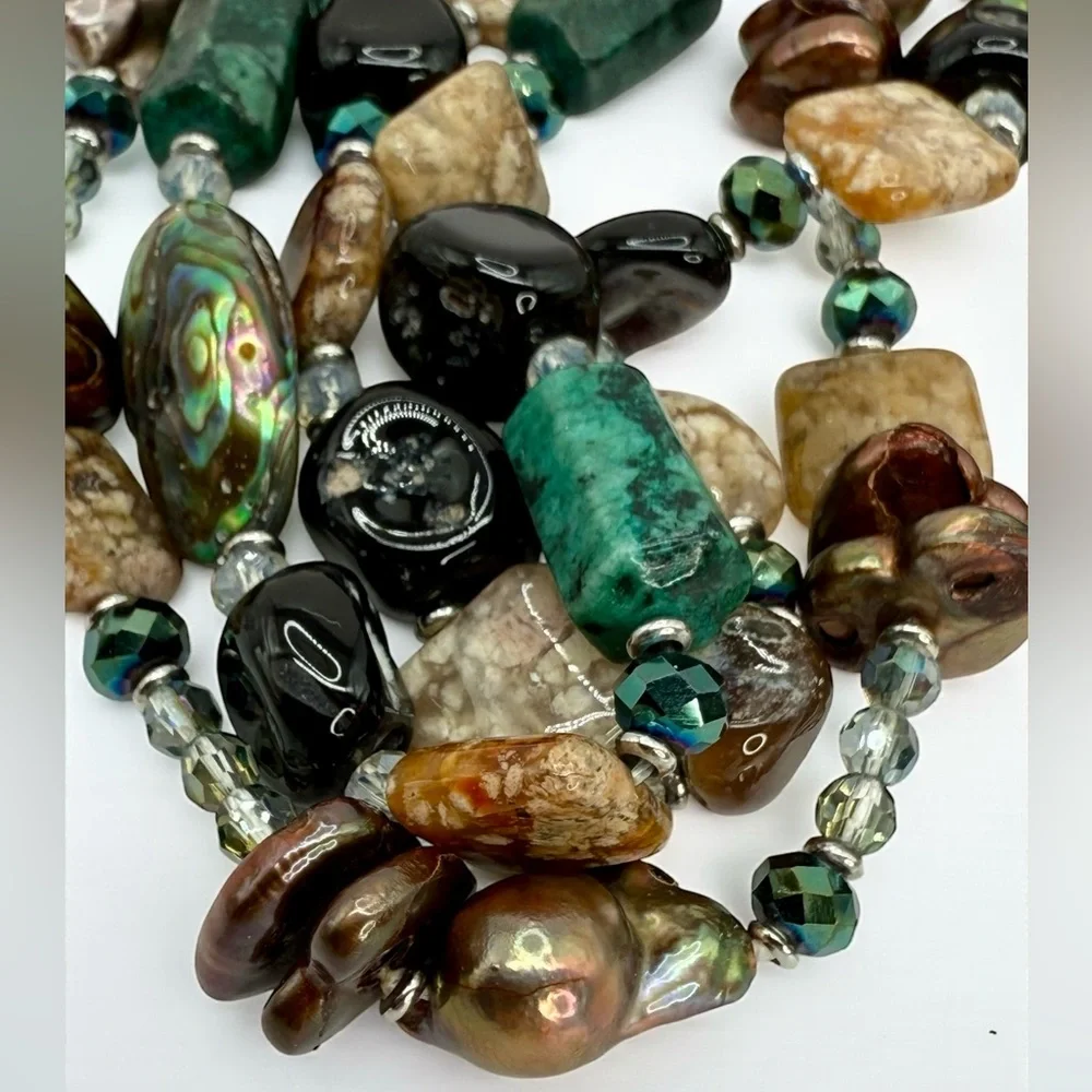 Three-Strand Multi-Gemstone Flameball Pearl Shell & Crystal Necklace 18” 20” 22” - Picture 13 of 17